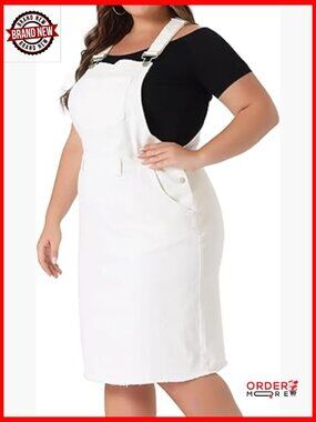 Plus Size Denim Overall Dress Adjustable Straps Pockets Midi Length